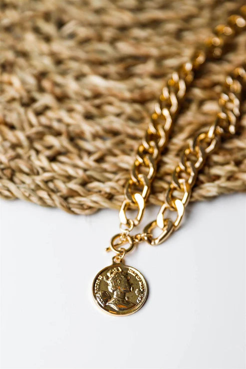 "Dos Pesos" Gold Chunky Link Chain Coin Pendant Necklace