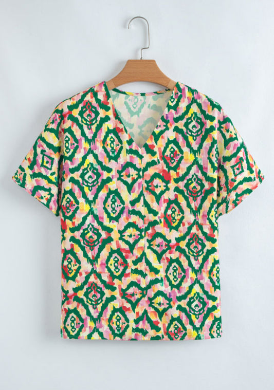 Abstract Print V Neck Blouse