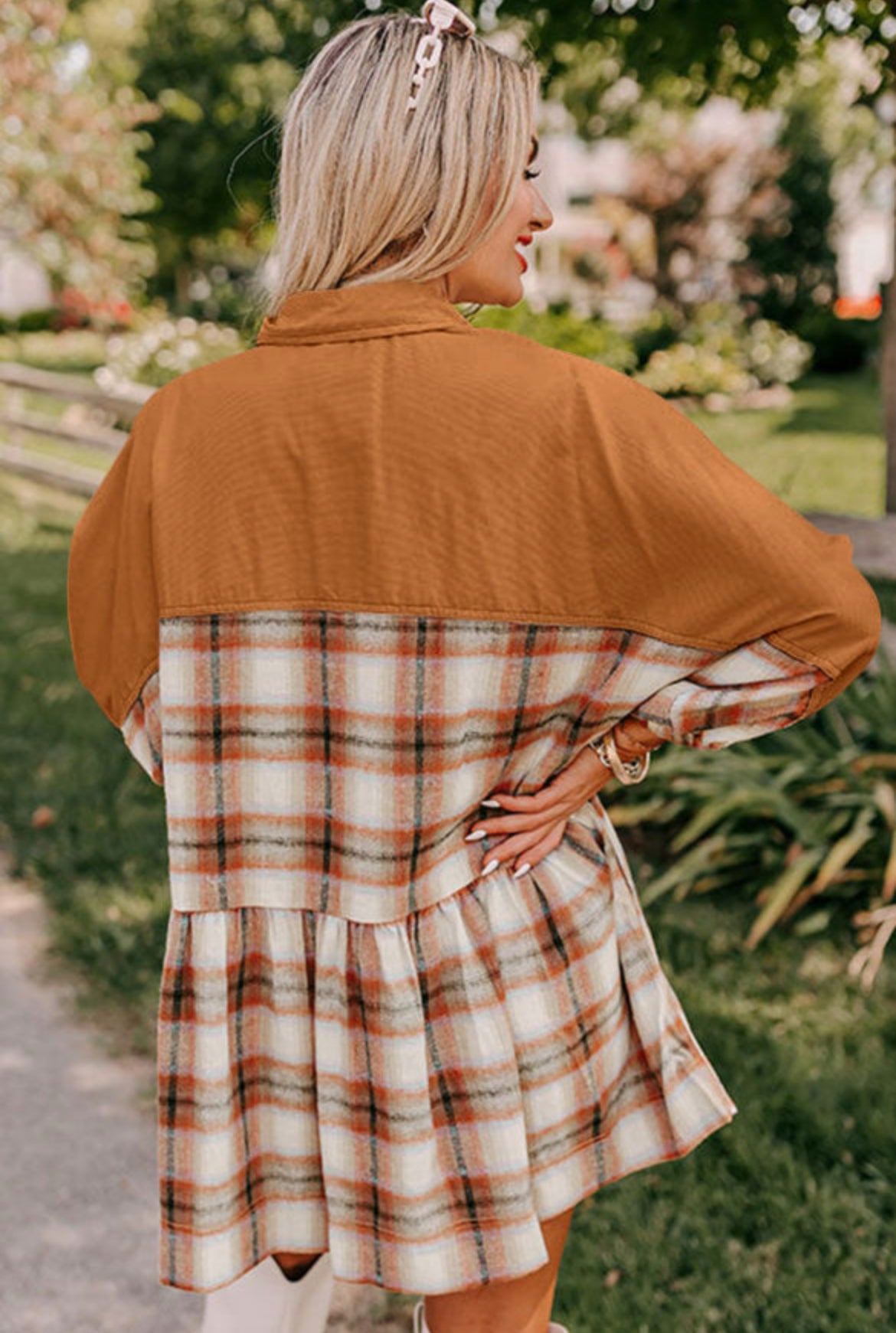Plaid color block patchwork ruffle hem shirt dress