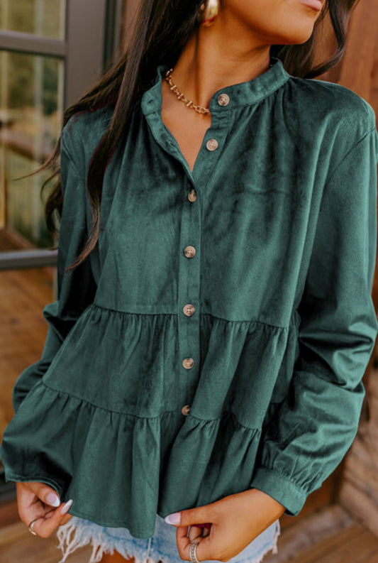 Corduroy ruffle tiered button top