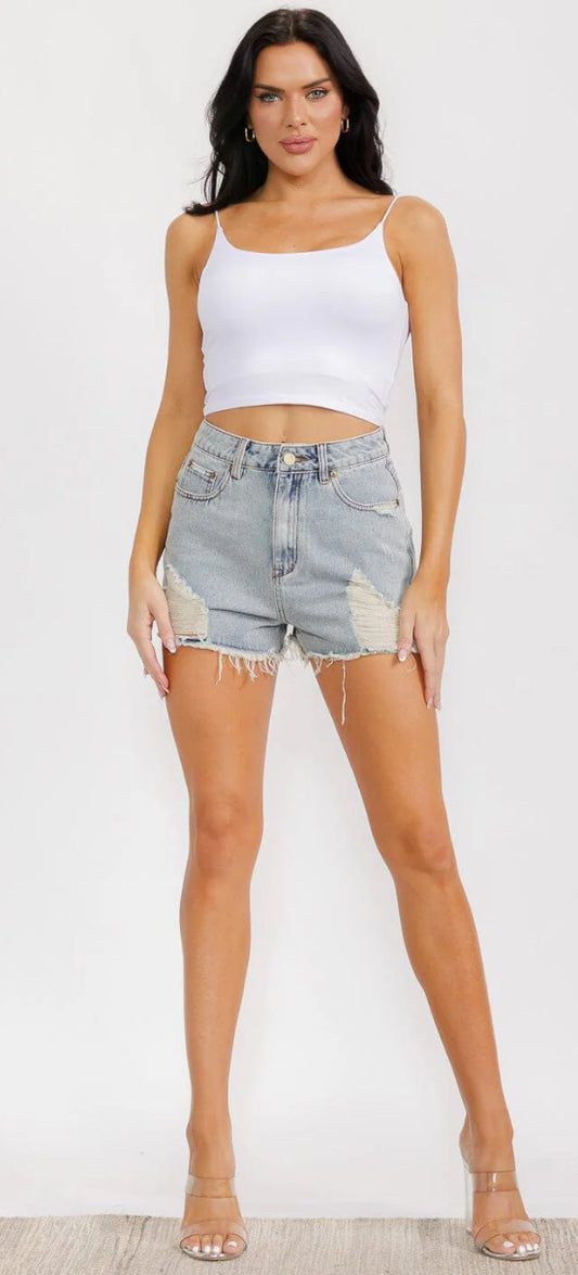 BUTTON CLOSURE POCKETS DISTRESS DENIM MINI SHORT