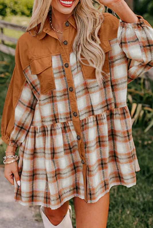 Plaid color block patchwork ruffle hem shirt dress