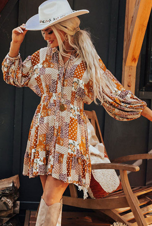 Boho floral puff sleeve smocked dress
