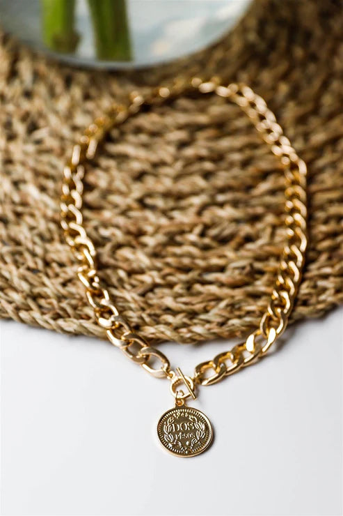 "Dos Pesos" Gold Chunky Link Chain Coin Pendant Necklace